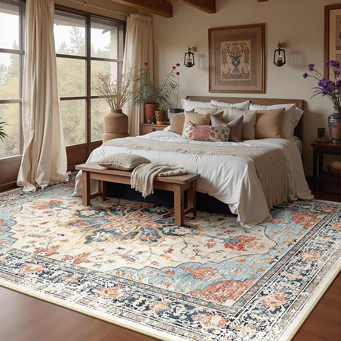 Area Rugs 8'x10' Washable Non-Slip, Floral Vintage Distress Print Pattern Medallion Carpet for Living Room Bedroom Dining Room, Beige Navy Blue Orange Colorful