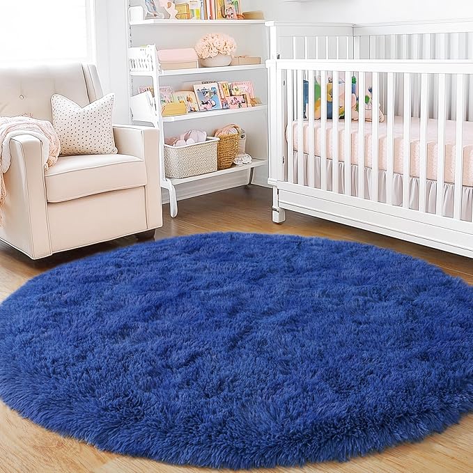 3'x3' Blue Round Rug for Bedroom, Ultra Soft Fluffy Circle Rug for Kids Girls Boys Room, Cute Small Shag Rugs for Living Room Playroom Teen Room Home Decor Rug
