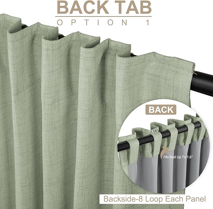 100% Blackout Shield Linen Blackout Curtains for Bedroom 96 Inches Long, Back Tab/Rod Pocket Living Room Drapes, Thermal Insulated Blackout Curtains 2 Panels Set, 50" W x 96" L,Sage Green
