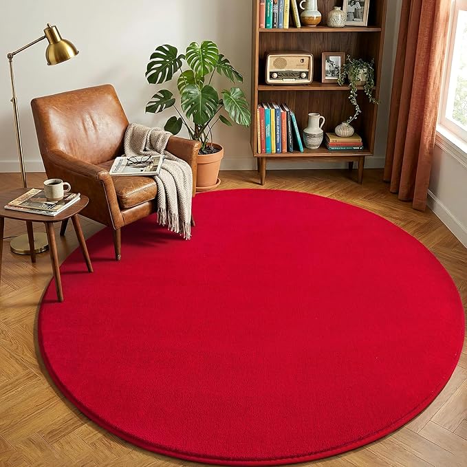 Amearea Red Round Area Rugs 4ft Washable Circle Rugs for Bedroom Living Room, Fluffy Indoor Thickened Memory Foam Rug, Non Slip Minimalist Circular Carpet for Kids Boys Girls Dorm Nursery Room Decor