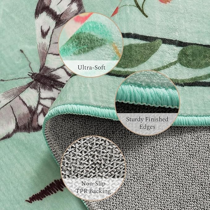 Rugflix 5x7 Washable Area Rug for Living Room, Soft Non Slip Low Pile Carpet, Floral Vintage Stain Resistant Rugs for Bedroom, Dining Room, Home Office, Green