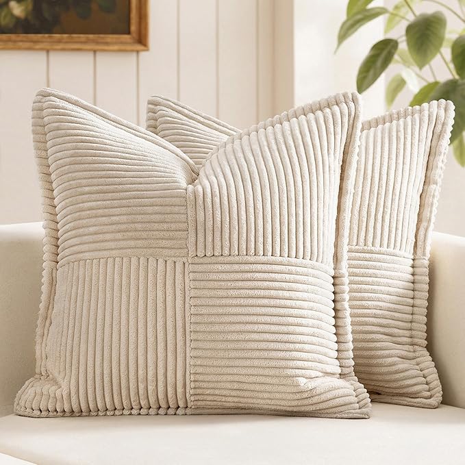 MIULEE Decorative Euro Sham Throw Pillow Covers for Couch Bed Livingroom 24x24 Inch Set of 2 Beige Boho Accent Throw Pllows Broadside Striped Patchwork Soft Corduroy Pillowcases