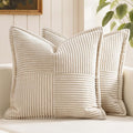MIULEE Decorative Euro Sham Throw Pillow Covers for Couch Bed Livingroom 26x26 Inch Set of 2 Beige Boho Accent Throw Pllows Broadside Striped Patchwork Soft Corduroy Pillowcases