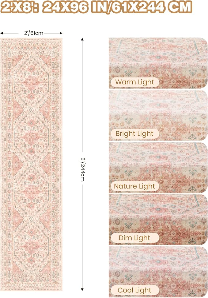 Runner Rug 2x8 Runners for Hallways Non Slip Washable, Vintage Hallway Runner Rugs for Living Room, Low Pile Soft Hallway Rug for Kitchen Bedroom Laundry Room Rug(Pink,2'x8')