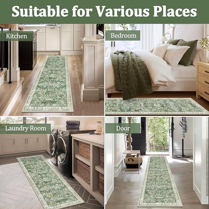 Yamaziot Washable Runner Rug 3x10 – Large Floral Non Slip Boho Hallway Runner Rug with Rubber Backing, Low Pile Faux Wool Distressed Carpet for Kitchen, Laundry, Bedroom, Entrance, Green