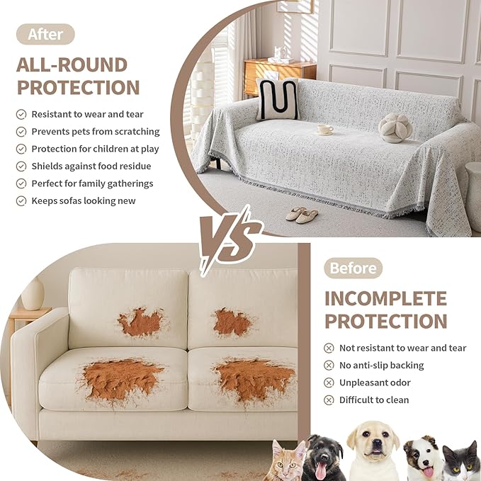 Couch Cover for Dogs, Boho Sofa Covers for 3 Cushion Couch, Chenille Slipcover for Pets Washable, L-Shape Sectional Couch Loveseat Cover Soft Throw Blankets with Tassels(71x134,Speckled Grey)