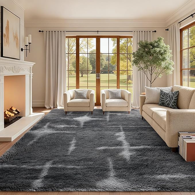 Area Rugs for Living Room, 6x9 Feet Soft Fluffy Shagg Plush Rug High Pile Large Non-Slip Floor Carpet for Bedroom Nursery Kids Home Dorm Decor Grey Star