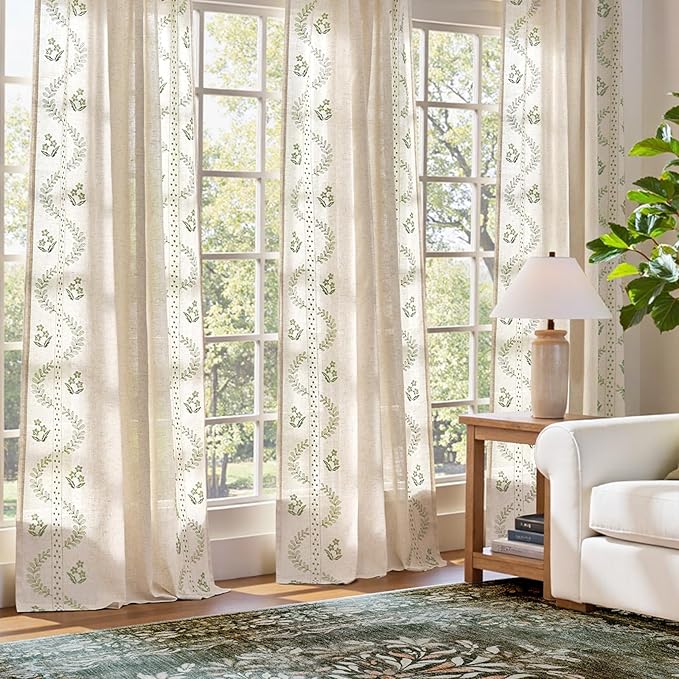 jinchan Belrose Linen Curtains for Bedroom Floral Curtains 96 Inch Length Linen Blend Sage Green Embroidered Drapes Farmhouse Flower Patterned Drapes for Living Room Window Treatments Set 2 Panels
