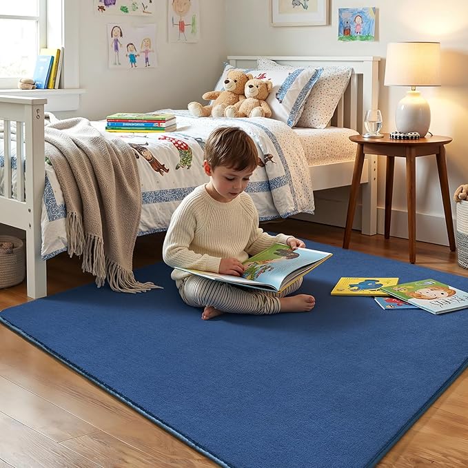 Amearea 4x4 Square Area Rugs for Bedroom Living Room, Modern Blue Thickened Memory Foam Rug, Fluffy Indoor Washable Rug Non Slip Minimalist Carpet for Entryway Kids Boys Girls Dorm Nursery Room Decor