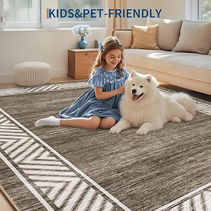 GarveeHome Bordered Bedroom Rugs 5x7 Ultra-Soft Indoor Carpet, Non-Slip Modern Geometric Living Room Rug, Stain-Resistant Neutral Accent Floor Cover for Dining Room, Nursery, Office, Brown