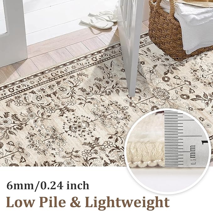 Yamaziot Washable Runner Rug 2x12 – Floral Non Slip Boho Hallway Runner Rug with Rubber Backing, Low Pile Faux Wool Distressed Carpet for Kitchen, Laundry, Bedroom, Entrance, Brown