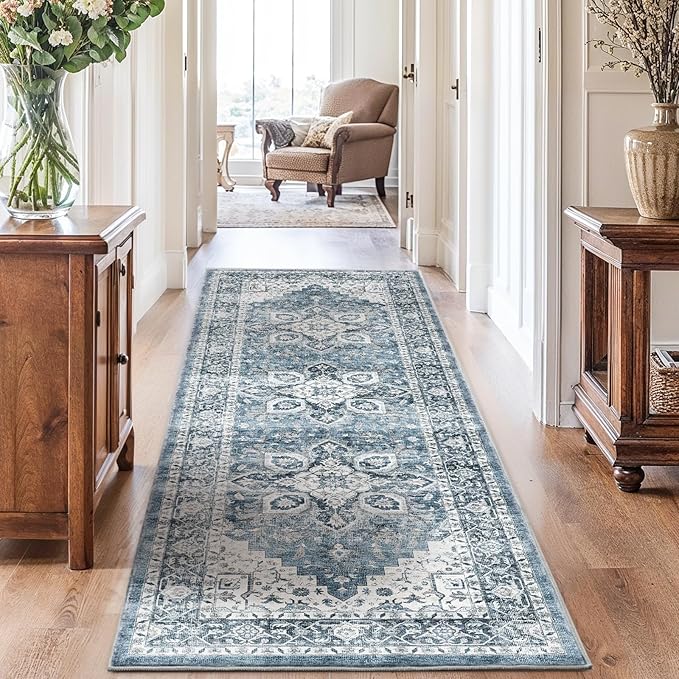 AMADA HOMEFURNISHING 2'6"x8' Washable Area Rug, Low-Profile Entryway Rug with Non-Slip Backing & Durable Edge Binding, Vintage Rug Pattern, Small Rugs for Entryway, Kitchen & Living Room