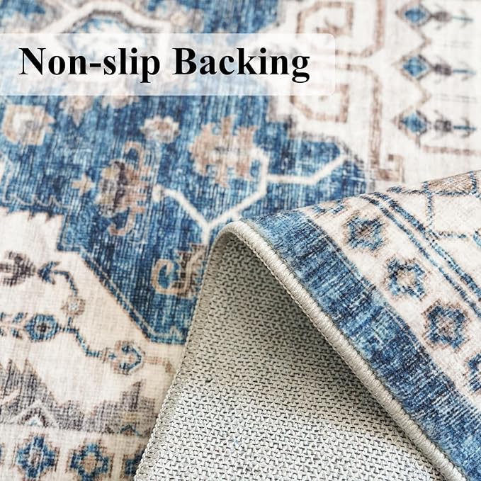 Hallway Washable Runner Rug - 2'6x12 Kitchen Rugs Entryway Rug Runner Vintage Soft Floor Mat Non Slip Indoor Farmhouse Carpet for Bathroom Living Room Bedroom (2'6''x12', Blue)