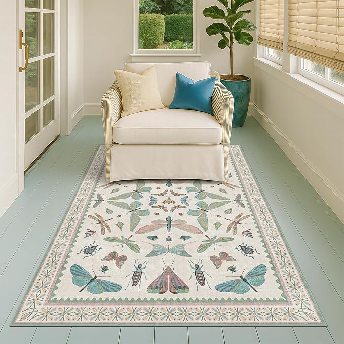 Light Blue and Pink Rug 4x6 Rugs for Bedroom Under Bed - Insect Print Multi Color Decor, Low Pile Non Slip Stain Resistant Throw Rug for Nursery Room Boys, Kitchen, Floor Carpet Aesthetic