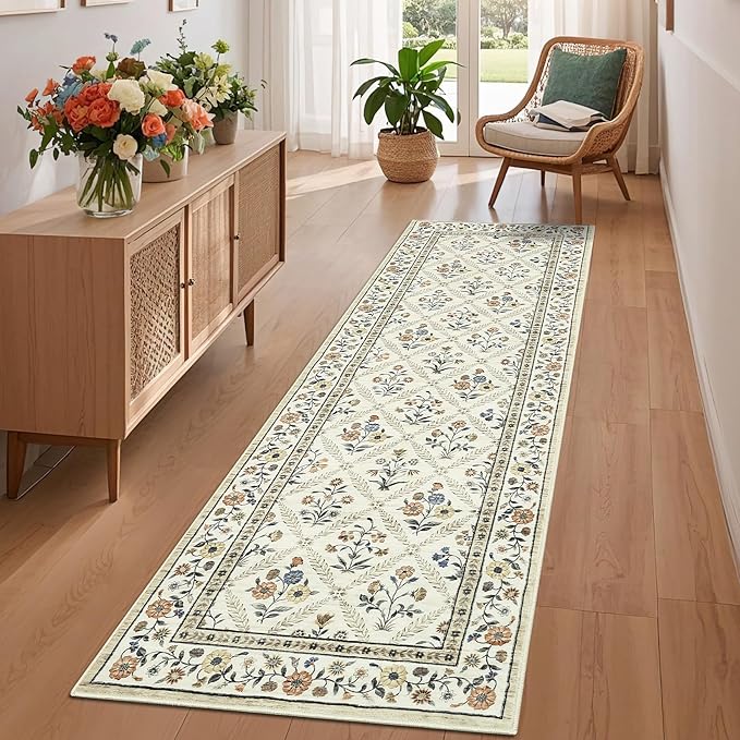 Runner Rug for Hallway Entryway 2.5x8 Farmhouse Floral Non-Slip Machine Washable Kitchen Rug Runner Non-Shedding Low-Pile Soft Long Carpet for Entrance Laundry Room Beige
