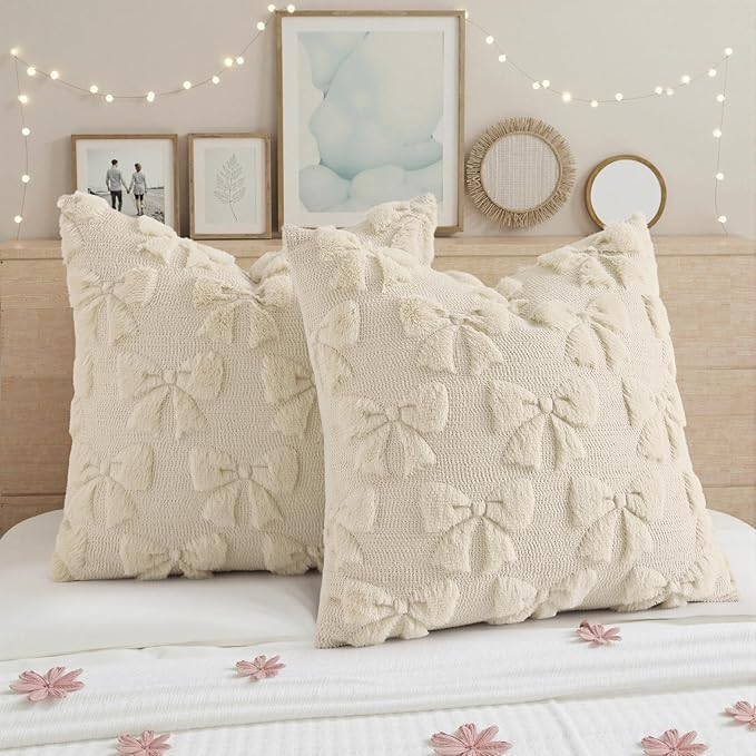 decorUhome Beige Bow Pillow Covers Set of 2 Coquette Aesthetic Cute Preppy Plush Faux Pillowcases for Girly Bedroom or Couch 18x18 Inch