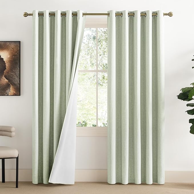 NICETOWN Sage Green Living Room Completely Shaded Linen Textured Draperies, 2 Pieces, W62 x L84, Privacy Protection & Noise Reducing Ring Top Drapes, White Lined Insulated Window Treatment Curtains