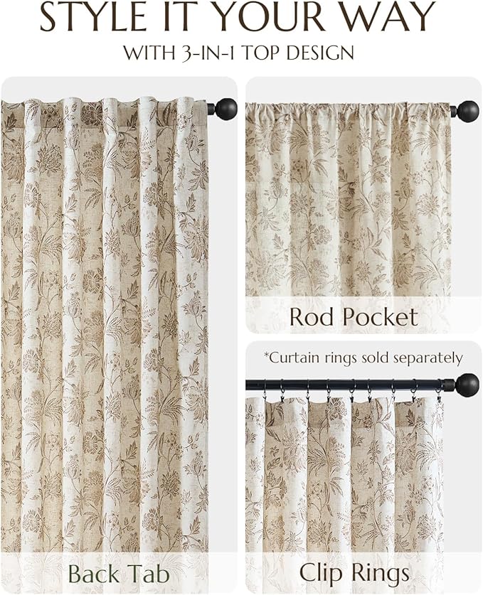 jinchan Lined Linen Floral Curtains for Living Room, 63 Inch Length Printed Flower Farmhouse Patterned French Country Back Tab Taupe Window Drapes Set Privacy Bedroom Curtains, 2 Panels