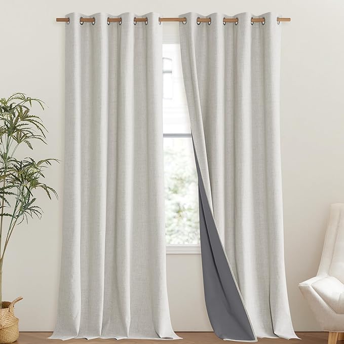 NICETOWN Snowbound Vintage Linen 100% Blackout Curtains for Living Room, Thermal Insulated Curtains 120" Long, Noise Reducing Window Treatment Drapes for Hall Room, 52" Wide Per Panel, Set of 2