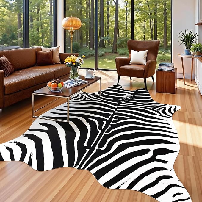 AROGAN Premium Faux Zebra Hide Rug 4.6 x 5.2 Feet, Sturdy and Large Size Bear Print Rugs, Suitable for Bedroom Living Room Western Decor, Faux Fur Animal Carpet, Black and White