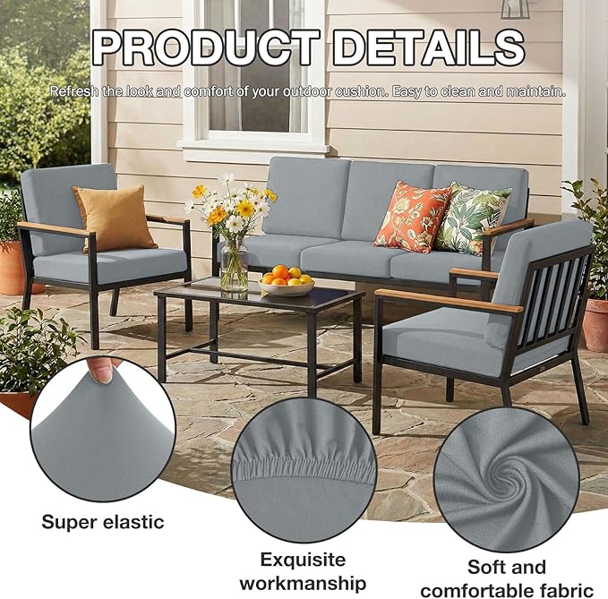 hyha 8Pcs Patio Cushion Covers, Stretch Outdoor Couch Cushion Covers Replacement, Washable Outdoor Chair/Sofa Slipcovers for Patio Furniture Cushions Protector with Elastic Bottom(Gray,Cover Only)