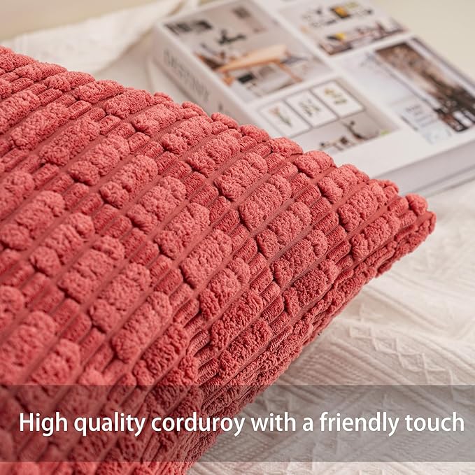 Pack of 2 Corduroy Decorative Throw Pillow Covers 12x20 InchSoft Boho Striped Pillow Covers Modern Farmhouse Home Decor for Sofa Living Room Couch Bed（Cranberry Red）