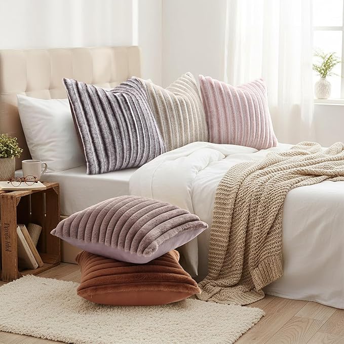 decorUhome Summer Cozy Faux Fur Throw Pillow Covers 18x18 Set of 2 Decorative Soft Plush Striped Modern Farmhouse Boho Couch Pillow Cases with Velvet Back for Sofa Bed Living Room, Beige White