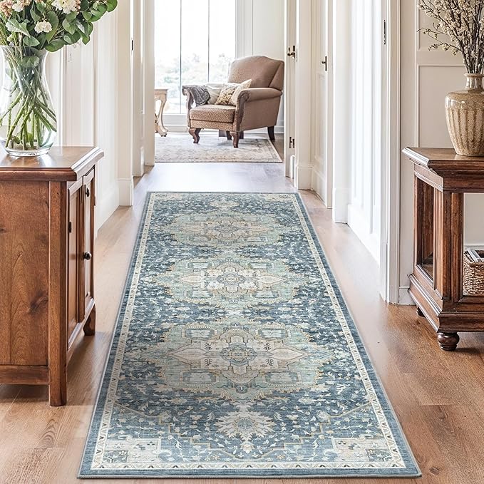 AMADA HOMEFURNISHING 2'6"x8' Washable Area Rug, Low-Profile Entryway Rug with Non-Slip Backing & Durable Edge Binding, Vintage Rug Pattern, Small Rugs for Entryway, Kitchen & Living Room