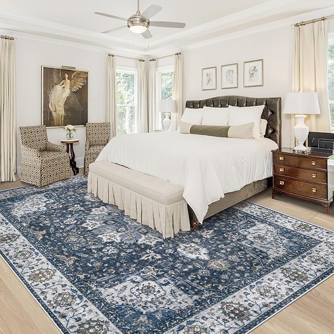 Area Rug 8x10 Washable Rug, Vintage Boho Medallion Rugs Non-Slip Soft Low Pile Large Distressed Rug Indoor Retro Carpet for Living Room Bedroom Dining Room Home Office (Vintage Blue, 8'x10')
