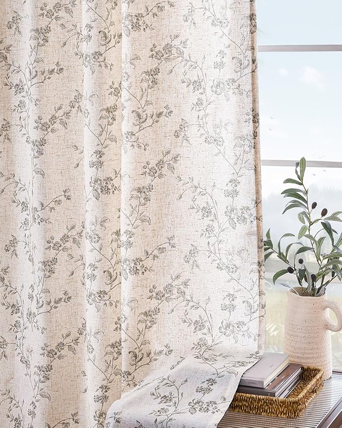 Lazzzy Grey Floral Linen Curtains 84 Inch Farmhouse Back Tab Drapes for Living Room Bedroom Light Filtering Vintage Grandmillennial Rod Pocket Curtains, 2 Panels, W38 x L84, Grey on Beige