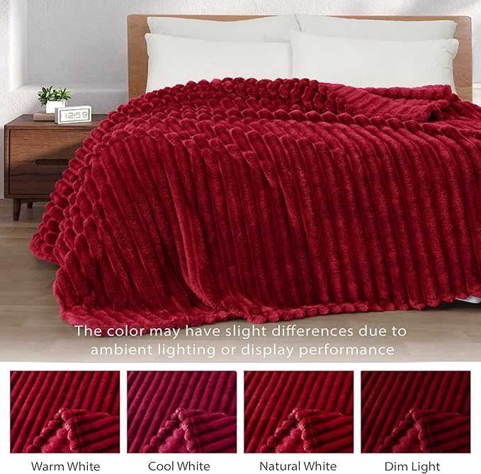 Exclusivo Mezcla Fleece Throw Blanket for Couch, Super Soft Striped Jacquard Bed Blanket, Lightweight Fuzzy Cozy for All Seasons, 50x60 Inches, Deep Red