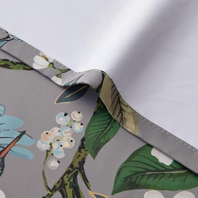 Topfinel Gray Patterned Curtains 96 Inch Long for Living Room, Bedroom Blackout Elegant Vintage Botanical Floral Hummingbird Drapes Grommet Window Treatments for Sliding Door 2 Panel 96 Inch Length