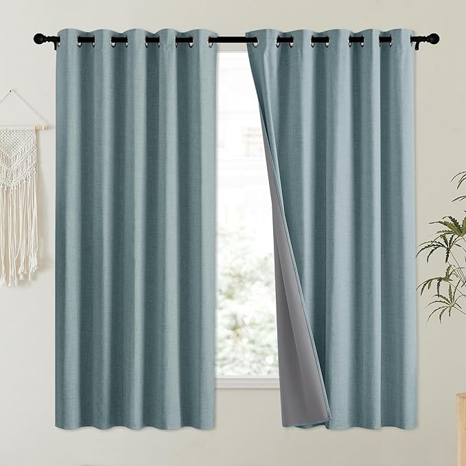 NICETOWN 100% Absolutely Blackout Linen Curtains with Thermal Insulated Liner, Skylark Blue, 62" Wide, 63" Length Energy Saving Curtains for Kitchen 2 Panels Set, Vertical Blinds