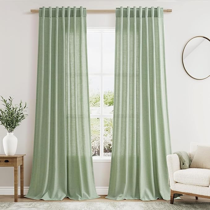 Mist Sage Linen Curtains 90 Inch Long 2 Panels Set for Bedroom Living Room Linen Textured Window Drapes Semi Sheer Light Filtering Rod Pocket Back Tab Cotton Textured Farmhouse Curtain 52x90