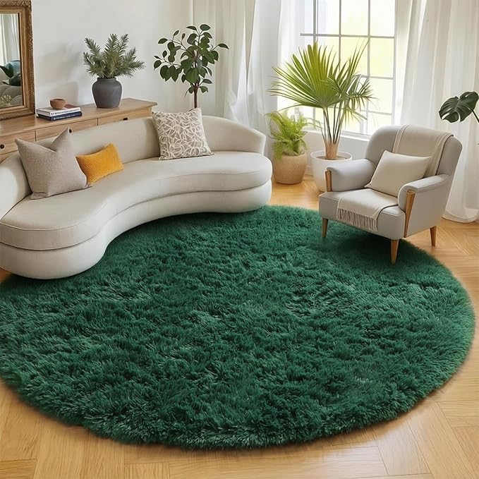 ONASAR Dark Green Round Area Rugs 6ft, Ultra Soft Bedroom Circle Rug for Kids Girls Teen Room, Furry Plush Shaggy Carpet Floor Mat for Baby Nursery Living Room Playroom Dorm Home Decor
