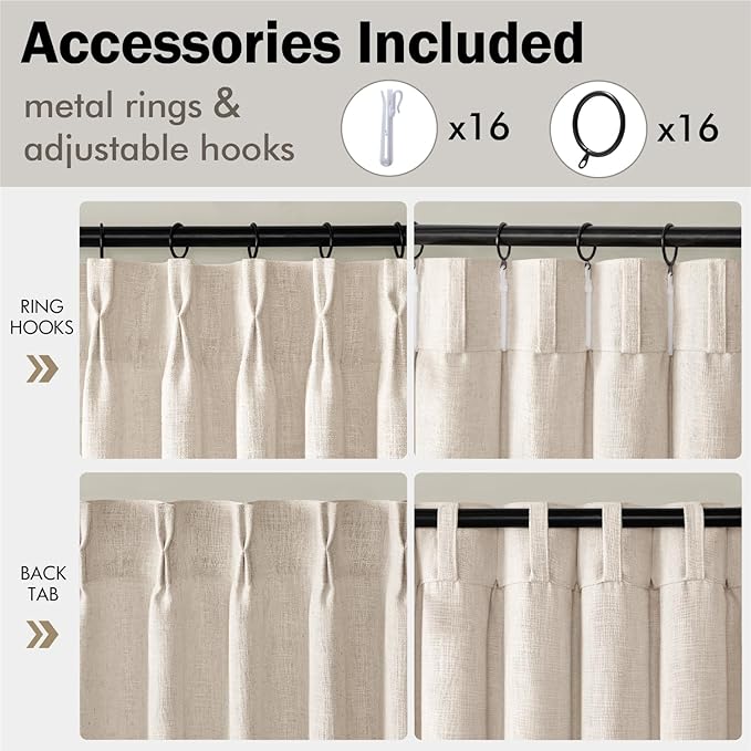 MIULEE Pinch Pleated Thick Linen Curtains 108 Inches Length 2 Panels for Living Room Bedroom, Extra Long Pinch Pleat Drapes Back Tab Light Filtering Cream Ivory Foor to Ceiling Curtains with Hooks