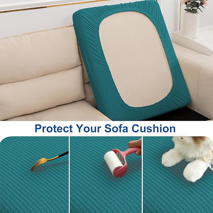 Water Repellent Sofa Cushion Covers, Stretch Sofa Seat Slipcover Furniture Protector for Sofa Pets with Elastic Bottom (Large, Dark Teal)