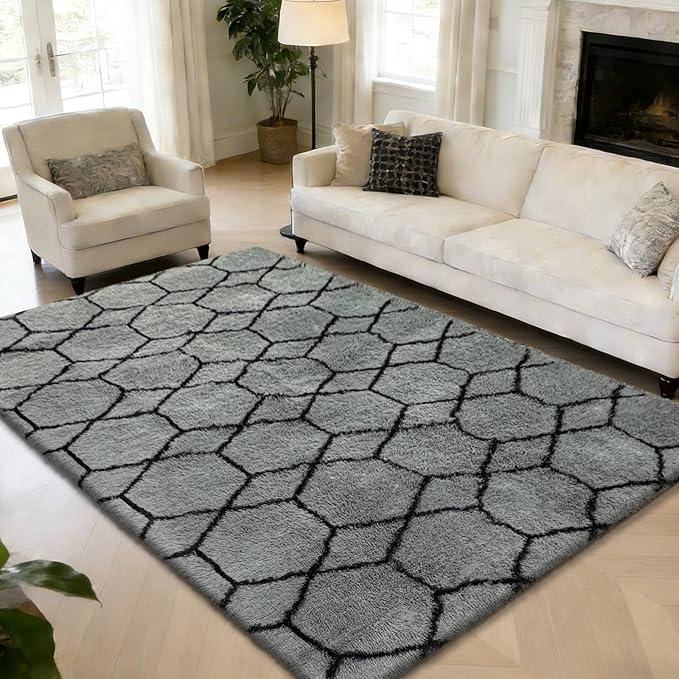 6x9 Fluffy Area Rugs for Living Room,Shag Area Rug for Bedroom,Geometric Soft Fuzzy Rug Non-Shedding Indoor Plush Carpet for Kids Bedroom Nursery Home Decor,Grey and Black