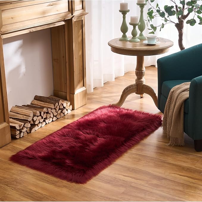EasyJoy Ultra Soft Fluffy Shaggy Area Rug Faux Fur Rug Chair Cover Seat Pad Fuzzy Area Rug for Bedroom Floor Sofa Living Room (2 x 4 ft Rectangle, Burgundy)