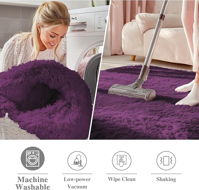OLANLY Dark Purple Round Rugs for Bedroom - Machine Washable, 7 ft Circle Area Rugs for Living Room, Soft and Fluffy Shaggy Carpet for Teen Girl and Boys, Nursery Rooms, Dorms, Home Decor Aesthetic