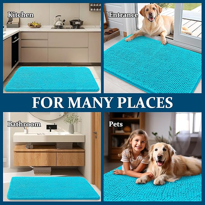 OLANLY Dog Door Mat for Muddy Paws 70x46, Absorbs Moisture and Dirt, Absorbent Non-Slip Washable Doormat, Quick Dry Chenille Mud Mat for Dogs, Entry Indoor Entryway Carpet for Inside Floor, Aqua Blue