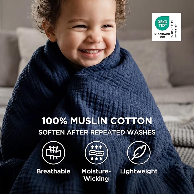Bedsure 100% Cotton Muslin Blanket Queen Size for Bed - 4-Layer Breathable and Lightweight Thin Soft Summer Gauze Muslin Blankets for Adults, Navy Blue, 90x90 Inches