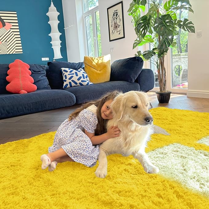 OLANLY Area Rugs for Living Room Bedroom, Machine Washable 4x5.9 ft Soft Fluffy Shaggy Bedside Rug, Indoor Floor Carpet for Kids Girls and Boys, Dorms, Nursery Rooms, Home Decor Aesthetic, Yellow