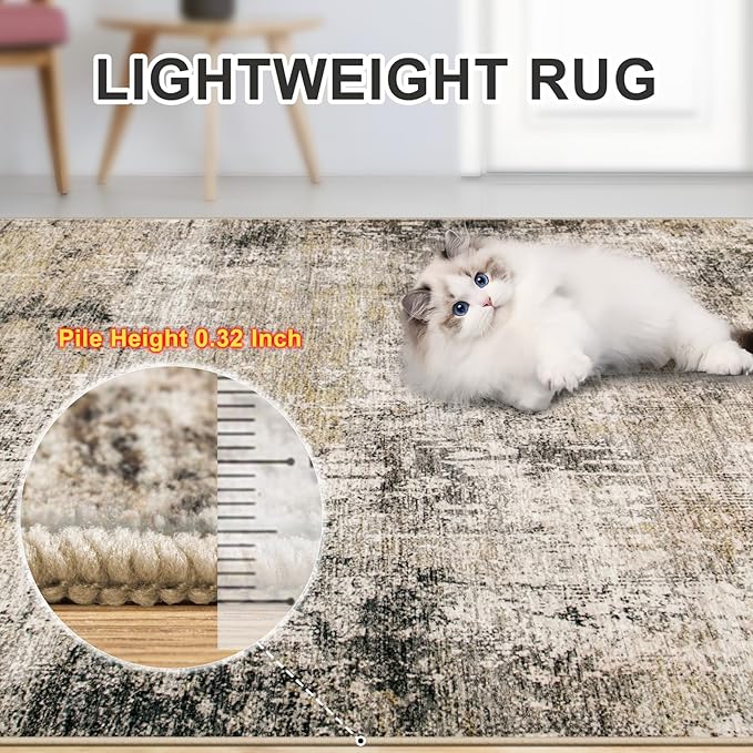 Area Rugs Living Room Rug - 4x6 Washable Modern Abstract Soft Neutral Non-Slip Carpet Large Indoor Floor Thin Carpets for Bedroom Dining Room Farmhouse Nursery Home Office Brown Black Grey
