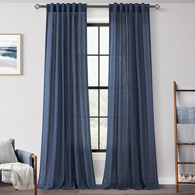 Navy Blue Curtains 102 inch Length for Bedroom Back Tab Light Filtering Semi Sheer Blue Living Room Curtains Linen Cotton Textured Indigo Blue Drapery Panel Modern Aesthetic Decor 42" Wx102" L