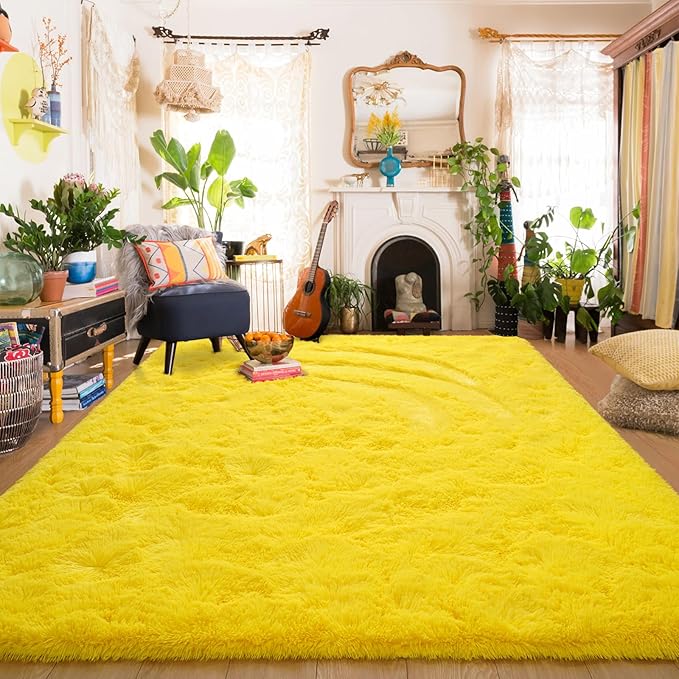 Amearea Shag Fluffy Area Rug for Bedroom Girls Living Room, Extra Soft and Fuzzy Shaggy Rugs, Non Slip, Solid Color Carpet Mat for Boys Nursery Home, Yellow 6x9 Feet