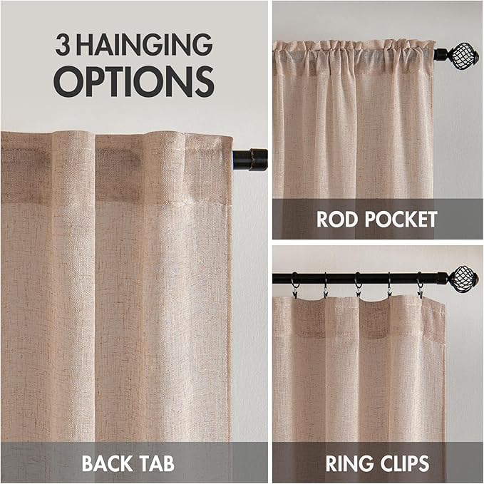 MIULEE Natural Beige Linen Curtains 45 Inch Length 2 Panels for Bedroom Living Room, Soft Linen Textured Window Drapes Semi Sheer Light Filtering Back Tab Rod Pocket Farmhouse Burlap Look Decor
