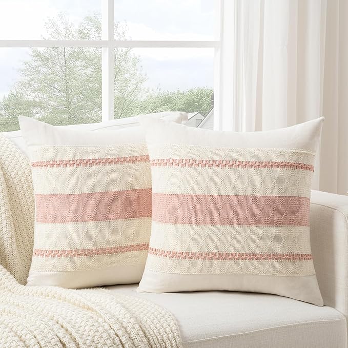 Fancy Homi Set of 1 Boho Pink Big Decorative Throw Pillow Cover 24x24 Inch for Couch Bed Bedroom, Aesthetic Modern Organic Farmhouse Room Decor, Soft Cotton Accent Macrame Woven Cushion Case