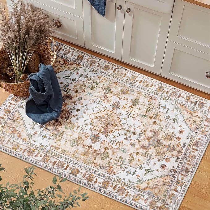 SERISSA Boho Rugs for Entryway, 2x3 Peach Cream Entryway Rug Non-Slip Washable Small Area Rug, Ultra Soft Vintage Low-Pile Indoor Door Mat Floor Carpet for Entrance Bedroom Kitchen Bathroom