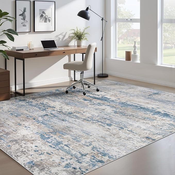 pmtsns Area Rugs 6x9 for Living Room: Washable Rug Modern Abstract Neutral Soft Non-Slip Low-Pile Indoor Carpet for Bedroom Dining Room Playroom Home Office (Light Blue Brown, 6'x9')
